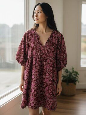Pink Floral Babydoll Dress With Puff Sleeves By Universal Thread S Lightweight